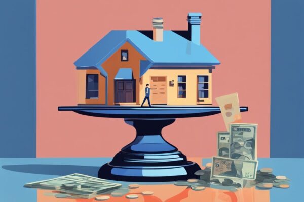 Moderne digitale Illustration in Blau: Eine Waage mit Kreditkarte und Bargeld auf einer Seite, Haus und Bausparvertrag auf der anderen Seite - Kredit mit Bausparvertrag kombinieren.