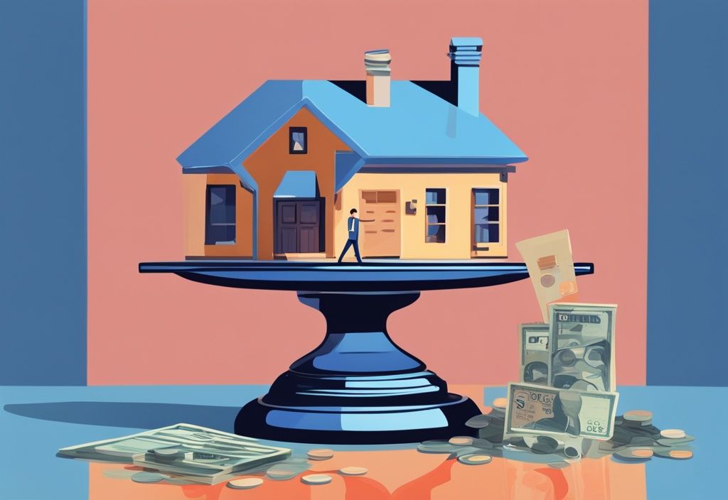 Moderne digitale Illustration in Blau: Eine Waage mit Kreditkarte und Bargeld auf einer Seite, Haus und Bausparvertrag auf der anderen Seite - Kredit mit Bausparvertrag kombinieren.