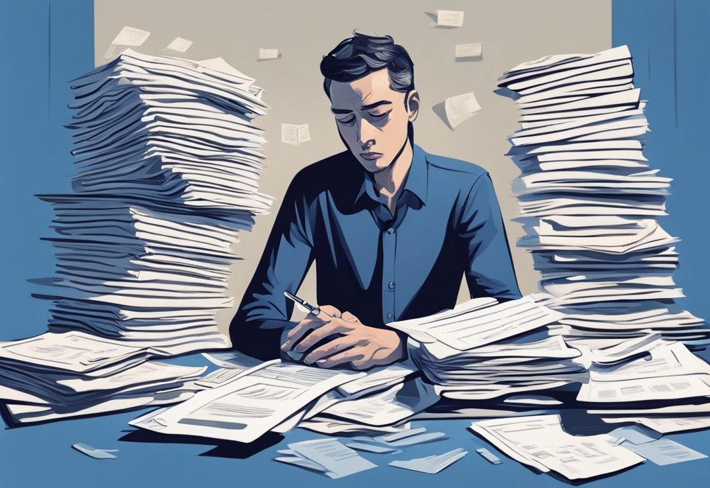 Moderner digitaler Gemälde-Illustration eines nachdenklichen Mannes vor einem Tisch mit verschiedenen Kreditdokumenten, der seine Finger zählt, um das Dilemma zu verdeutlichen, wie viele Kredite er haben kann, Hauptfarbthema Blau.