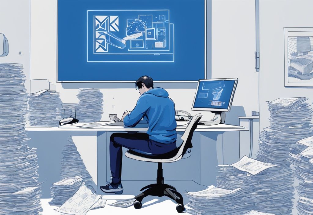Moderne digitale Illustration: Person am Schreibtisch mit KfW-Logo auf dem Computerbildschirm, Euro-Geldscheinen und Wohnbauplänen daneben, Hauptfarbthema Blau