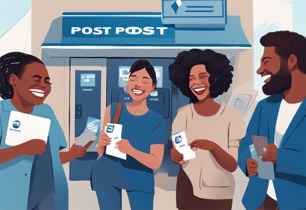 Moderne digitale Illustration mit blauem Farbschema, die diverse Personen zeigt, die zufrieden vor einer Bank stehen und personalisierte Karten mit der Aufschrift "post-discharge credit" halten; welche Bank gibt Kredit nach Restschuldbefreiung.