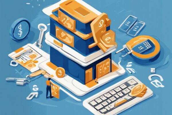 Moderne digitale Illustration in Blau, die den Unterschied zwischen Darlehen und Kredit zeigt: Darlehen mit Zinssätzen, Zahlungsbedingungen und Sicherheit, Kredit mit Kreditlimit, Nutzung und Rückzahlungsflexibilität. Keyword: was ist der Unterschied zwischen Darlehen und Kredit.