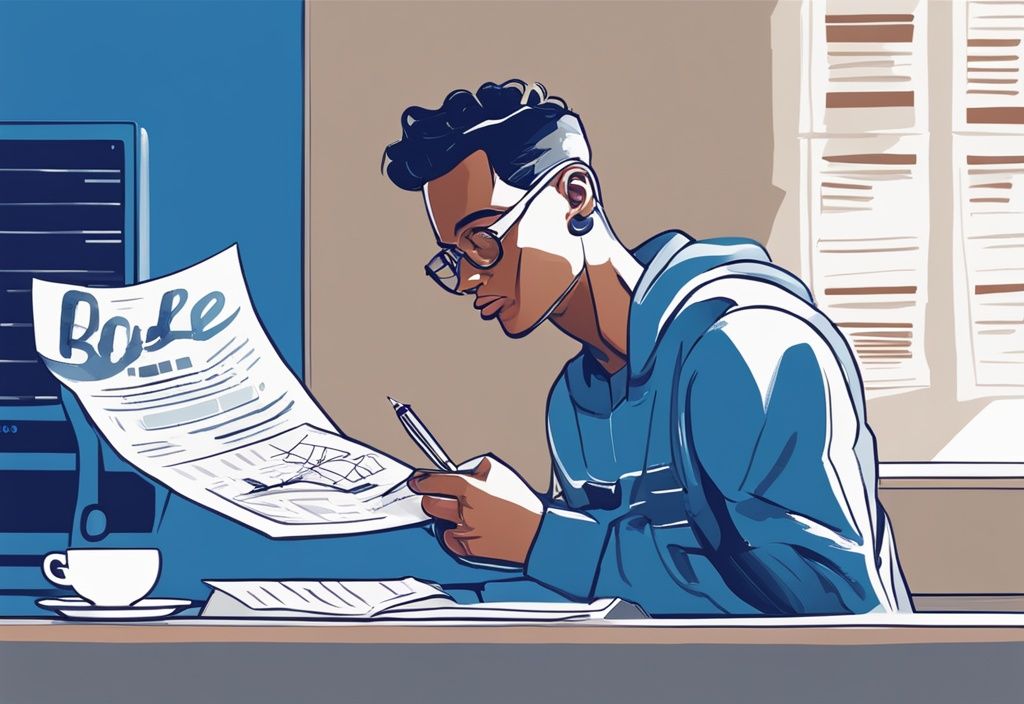 Moderner digitaler Gemälde-Illustration eines selbstbewussten jungen Mannes, der ein Papier mit der Überschrift "Guter Zinssatz" studiert, mit einem Taschenrechner, einem Stift und einer Tasse Kaffee daneben.