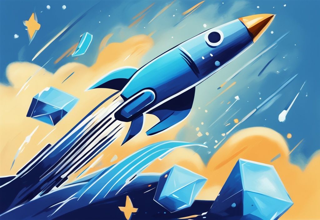Digitale moderne Illustration in Blau: Rakete als Kreditkarte im Himmel mit Dollarzeichen im Schweif