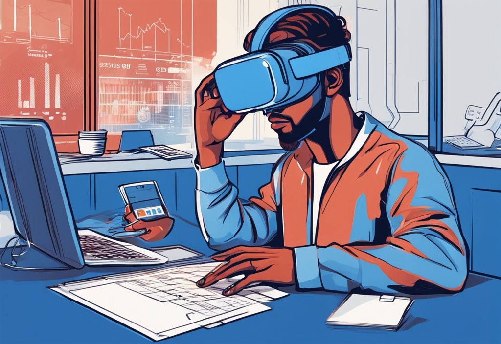 Person mit VR-Headset, sitzt am Tisch mit Bankwerkzeugen wie Kreditformularen, Taschenrechner und Stift, vertieft in eine digitale Schnittstelle, die Bankkreditoptionen und Statistiken anzeigt, modernes digitales Gemälde, Hauptfarbe Blau, VR Bank Kredit.