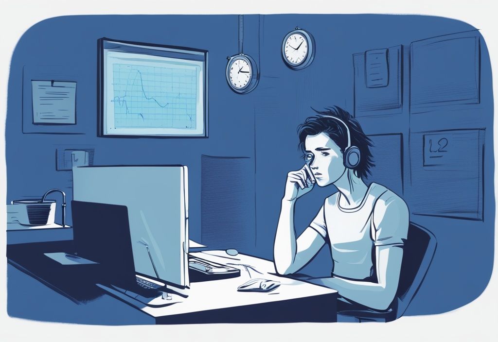 Sorgevolle Person am Schreibtisch, die auf einen Computerbildschirm mit der Nachricht "Kredit abgelehnt" starrt, während im Hintergrund eine Wanduhr die Zeit anzeigt - Kredit abgelehnt wie lange warten