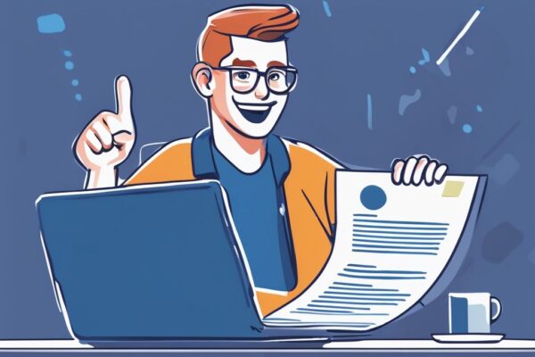 Moderne digitale Illustration in Blau: Eine freudige Person hält ein Dokument, das die Genehmigung eines DSL Bank Kredits symbolisiert, im Hintergrund ein Laptop mit digitaler Auszahlung auf dem Bildschirm. DSL Bank Kredit genehmigt wann Auszahlung.