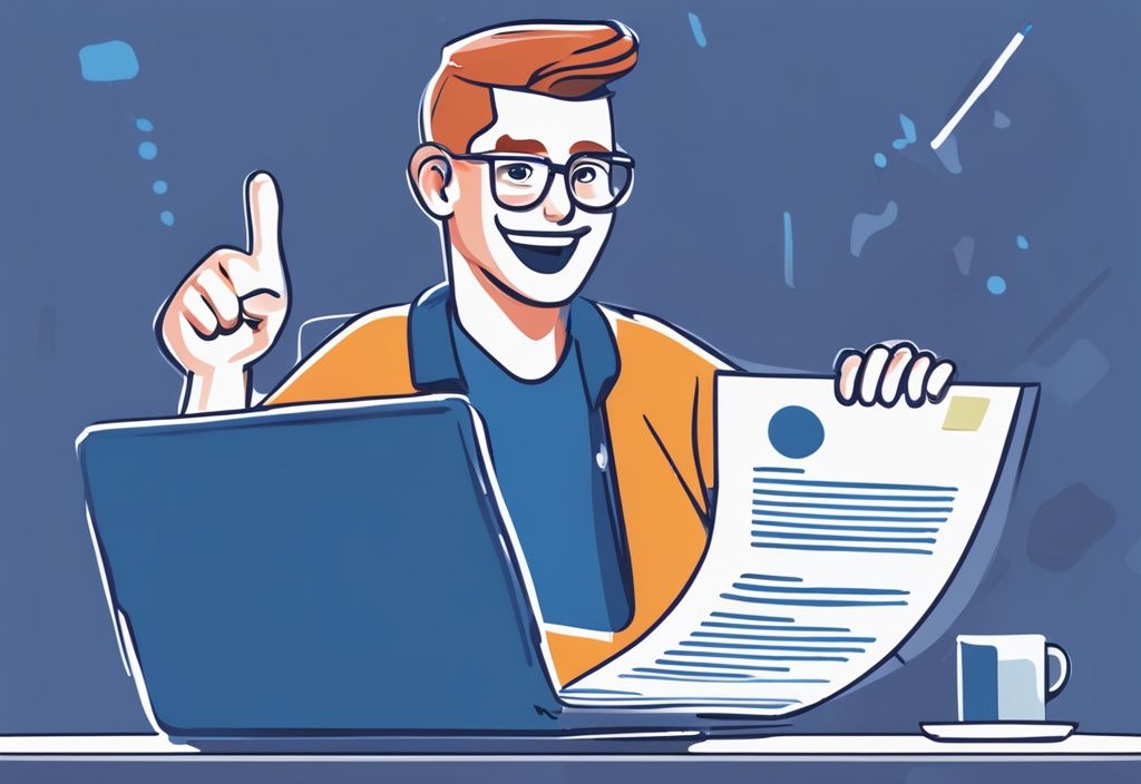 Moderne digitale Illustration in Blau: Eine freudige Person hält ein Dokument, das die Genehmigung eines DSL Bank Kredits symbolisiert, im Hintergrund ein Laptop mit digitaler Auszahlung auf dem Bildschirm. DSL Bank Kredit genehmigt wann Auszahlung.