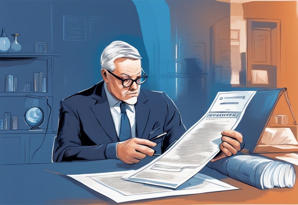 Mittelalter Mann in professioneller Kleidung untersucht neugierig ein vergrößertes Wertpapier, symbolisiert Kredit auf Wertpapiere, moderne digitale Malerei, Hauptfarbe Blau