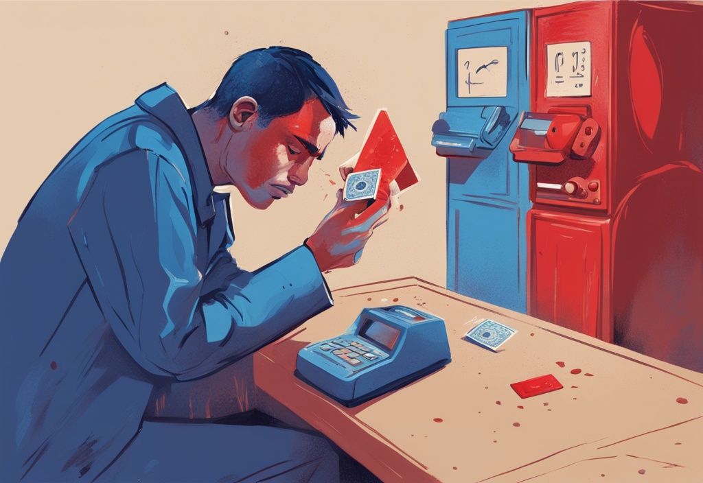 Moderner digitaler Gemäldeillustration eines verzweifelten Individuums, das eine Sanduhr beobachtet und eine Kreditkarte mit rotem Ablehnungsstempel hält, Hauptfarbthema Blau.