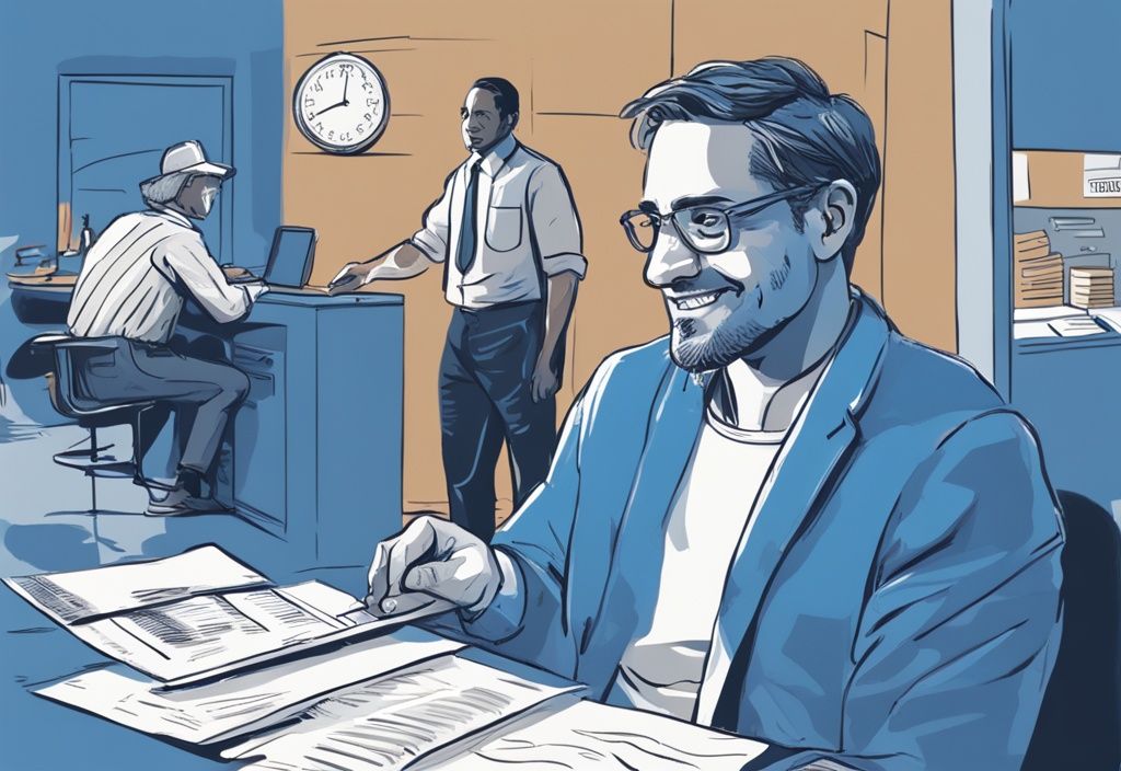 Moderne digitale Illustration eines Mannes, der eine Kreditlinie akzeptiert, sichtbar erleichtert, mit einem Papier zur Lohnpfändung im Hintergrund, Hauptfarbthema Blau