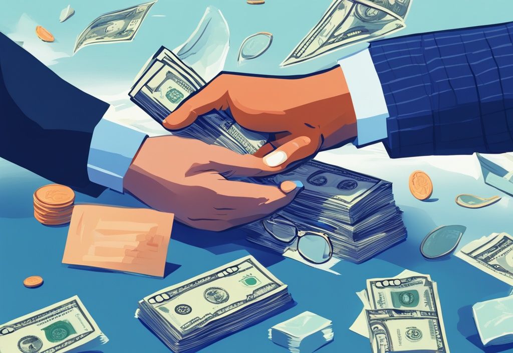 Moderne digitale Illustration in Blau: Hand überreicht Geldstapel an eine andere Hand mit Vertrag und Stift im Hintergrund, was ist ein Kredit