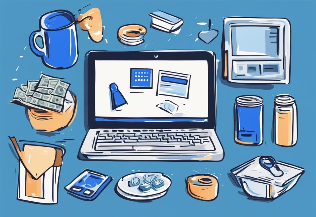 Moderne digitale Illustration in Blau, die verschiedene Methoden zeigt, schnell Geld zu verdienen, wie Online-Verkäufe, Teilzeitjobs und Freelancing.