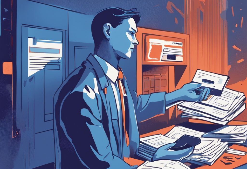 Moderne digitale Malerei, Person hält freudig eine leuchtende Kreditkarte, umgeben von düsteren Figuren der Insolvenzverfahren-Dokumente, Kredit trotz Insolvenzverfahren