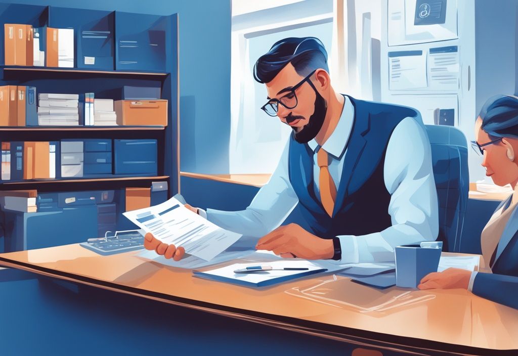 Moderne digitale Illustration einer Schreibtischszene mit blauem Farbschema, zeigt ein Kredit-Antragsformular, einen smart gekleideten Berater mit Targobank-Logo und einen Kunden mit Einkommensnachweis, Sicherheitenvereinbarungen und einer Kreditwürdigkeitsprüfung.