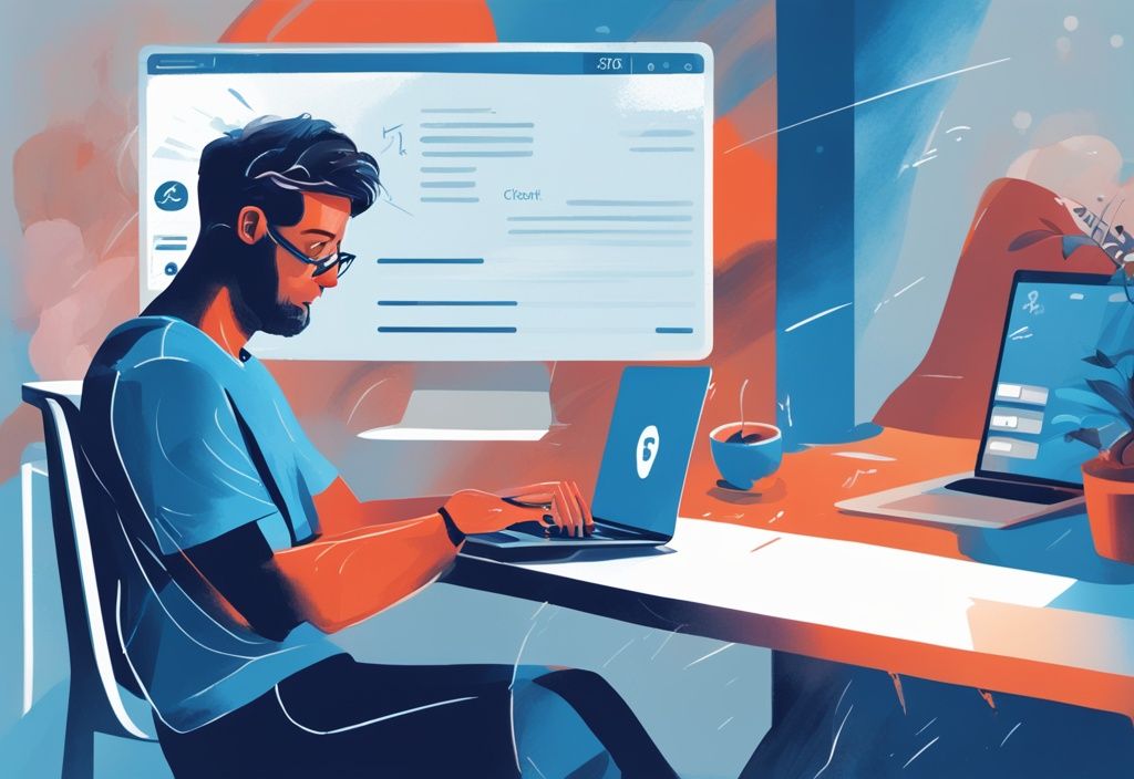 Zufriedener Kunde nutzt Online-Banking-Plattform von Targo Bank auf Laptop, positive Krediterfahrungen, digitale Illustration, blaue Farbgebung.