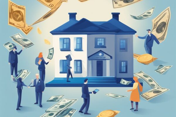 Moderne digitale Illustration in Blau, die eine Zeitleiste mit wichtigen Lebensereignissen wie "Erster Job," "Heirat," und "Hauskauf" darstellt, mit Banknoten oder einer kleinen Bank an jedem Punkt, die verschiedene Stadien zeigen, ab wann man einen Kredit aufnehmen kann.