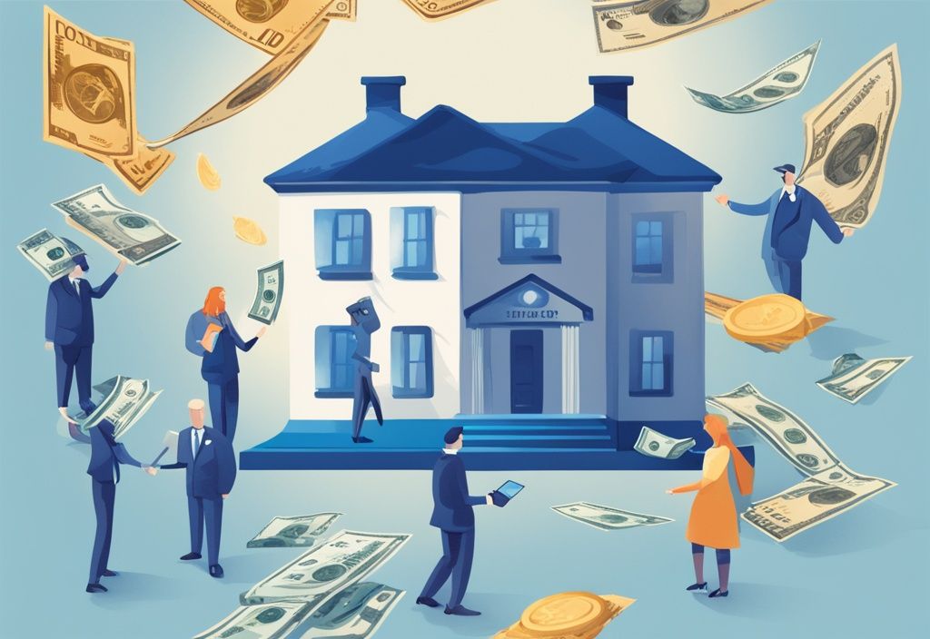 Moderne digitale Illustration in Blau, die eine Zeitleiste mit wichtigen Lebensereignissen wie "Erster Job," "Heirat," und "Hauskauf" darstellt, mit Banknoten oder einer kleinen Bank an jedem Punkt, die verschiedene Stadien zeigen, ab wann man einen Kredit aufnehmen kann.