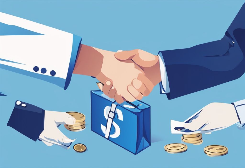 Digitale Illustration einer GmbH, die einem Aktionär einen symbolischen Geldsack übergibt, um eine Darlehenstransaktion darzustellen, Hauptfarbthema Blau.