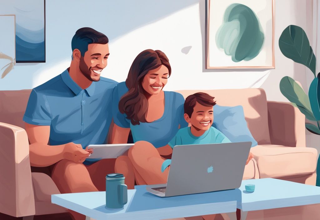 Moderne digitale Illustration in Blau: Junge Familie interagiert glücklich im gemütlichen Wohnzimmer, Laptop auf dem Couchtisch zeigt erfolgreiche Elternzeit-Kreditantrag.
