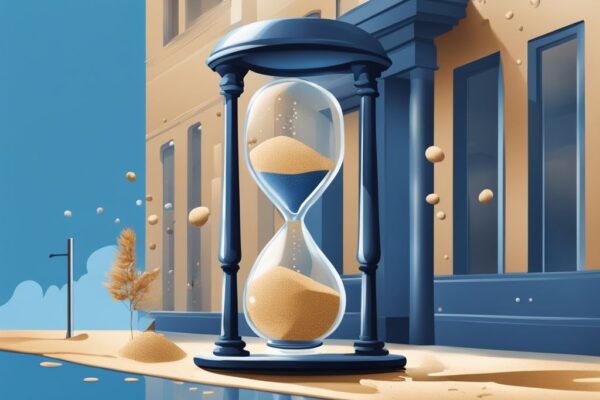 Moderne digitale Illustration in Blau, Sanduhr neben Volksbank-Filiale, Sandkörner repräsentieren die Dauer von Kreditauszahlung bei der Volksbank