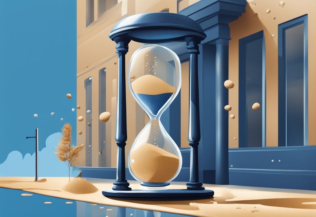 Moderne digitale Illustration in Blau, Sanduhr neben Volksbank-Filiale, Sandkörner repräsentieren die Dauer von Kreditauszahlung bei der Volksbank