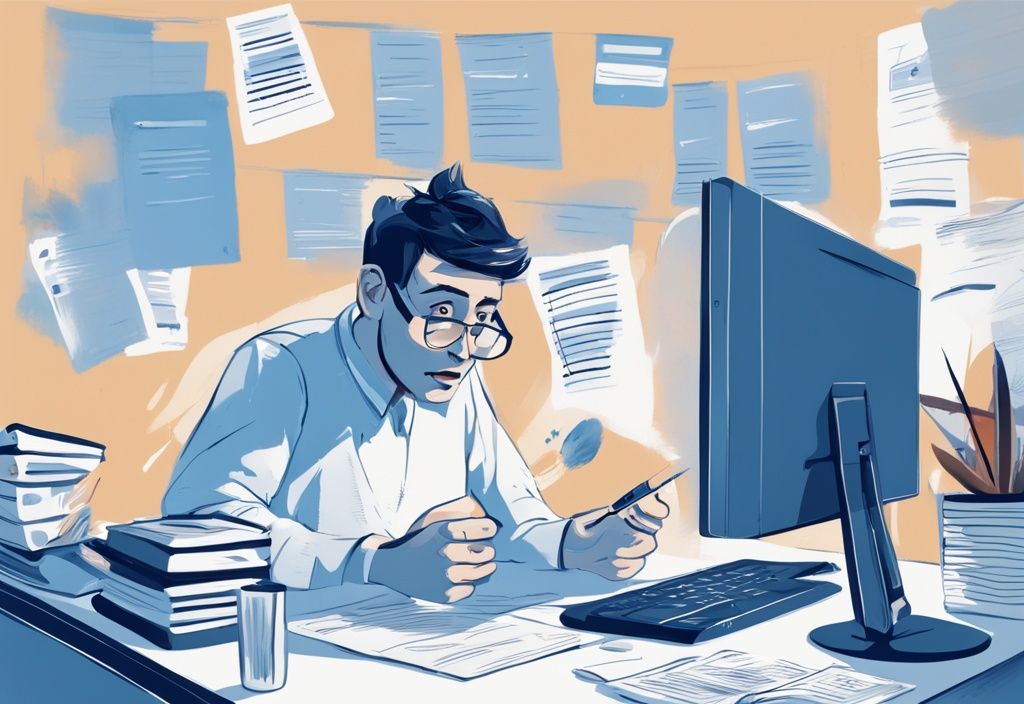 Moderner digitaler Malerei-Illustration eines verwirrten Individuums an einem Schreibtisch mit Kreditantragsformularen und einem Computerbildschirm mit positivem Schufa-Score, warum bekomme ich keinen Kredit trotz positiver Schufa.
