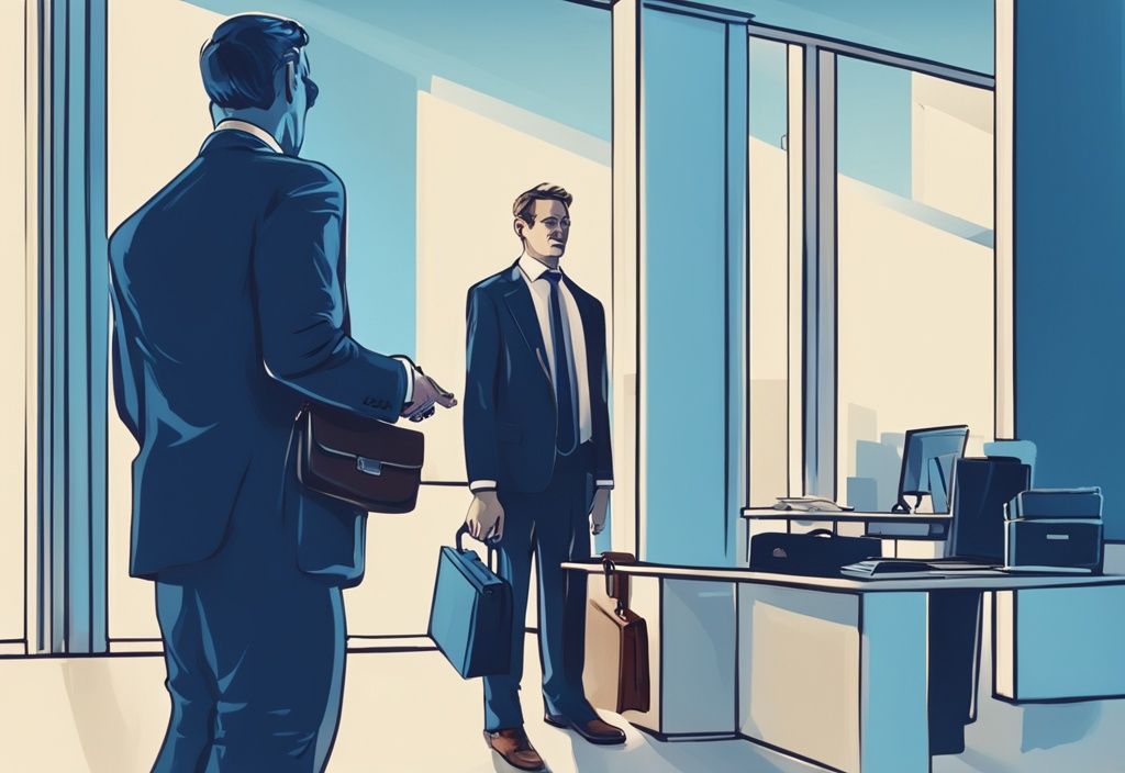 Moderne digitale Illustration eines Geschäftsmanns, der einem Gesellschafter einen mit "Darlehen" beschrifteten Aktenkoffer überreicht, im Büro einer GmbH; Darlehen von GmbH an Gesellschafter