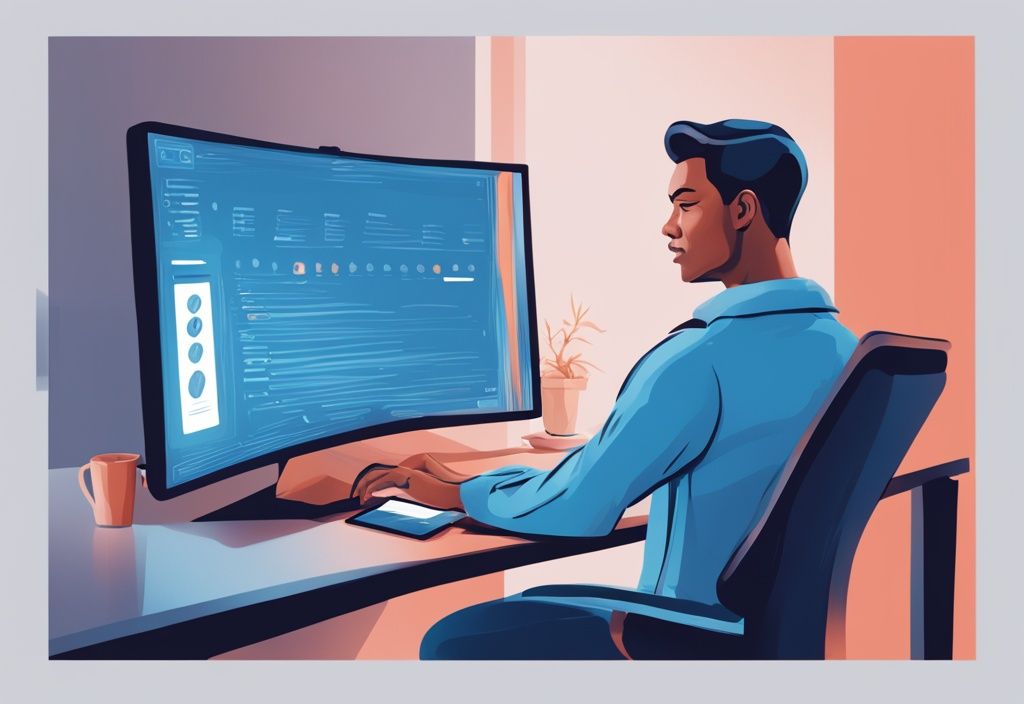 Moderne digitale Illustration einer zufriedenen Person, die auf einen Computerbildschirm mit einer hohen Schufa-Punktzahl schaut, was Kreditwürdigkeit symbolisiert, Hauptfarbe Blau.