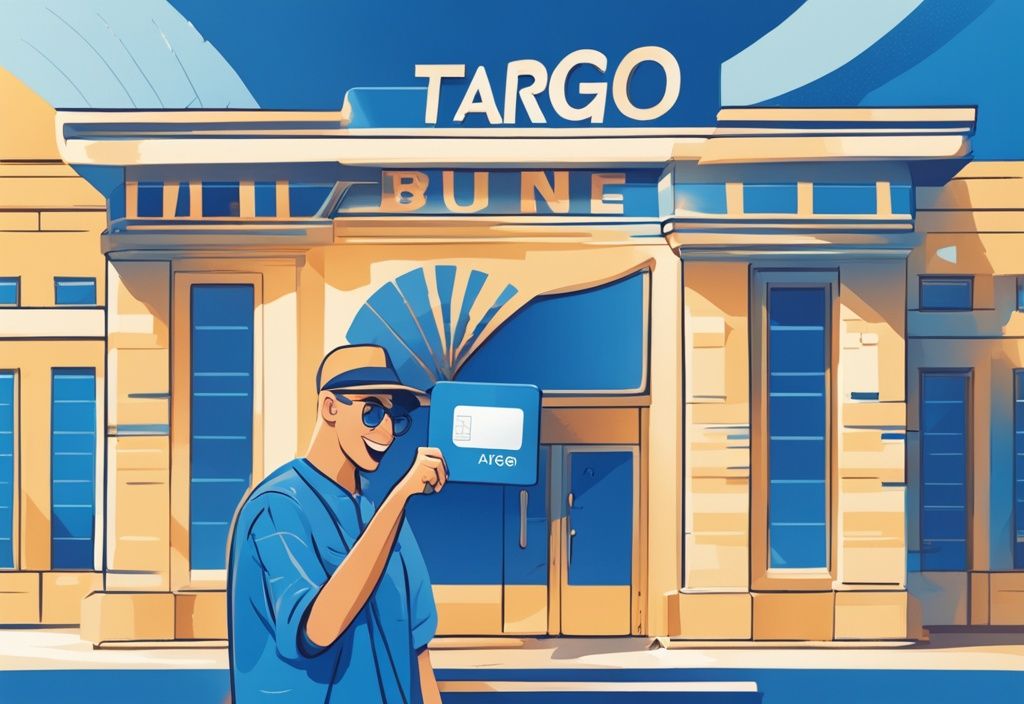 Zufriedener Kunde mit Targo Bank Kreditkarte vor Targo Bank Gebäude, symbolisiert positive Targo Bank Kredit Erfahrungen, moderne digitale Malerei, blaue Farbthematik.
