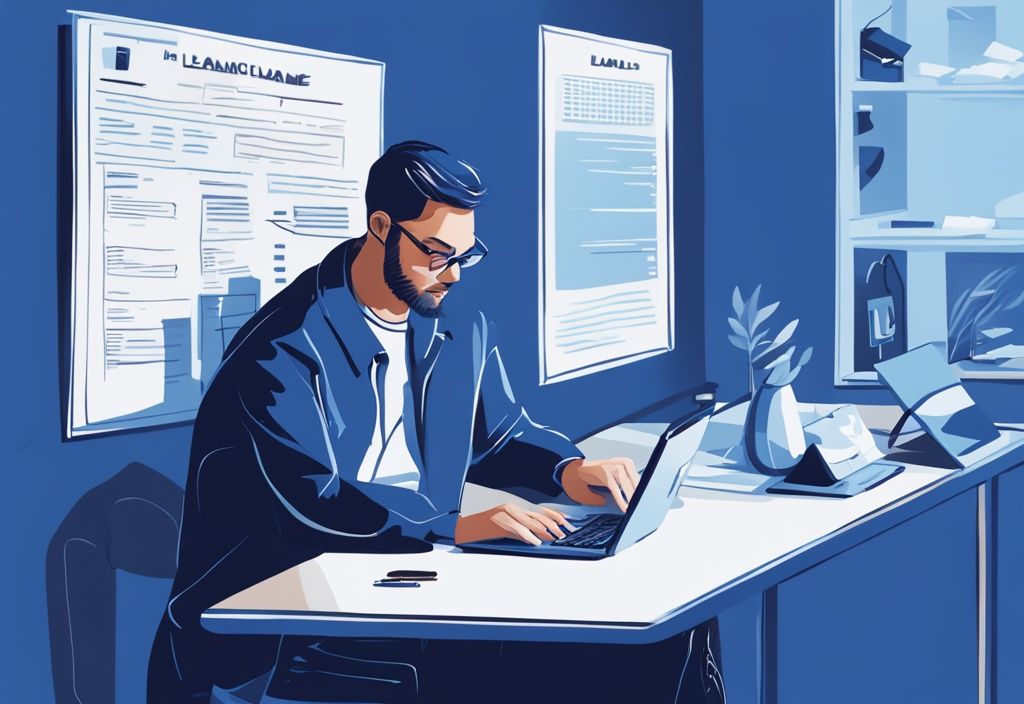 Moderner digitaler Gemäldeillustration in Blau, eine nachdenkliche Person analysiert Dokumente, Laptop zeigt Kreditvergleichsseite, Taschenrechner auf dem Tisch.