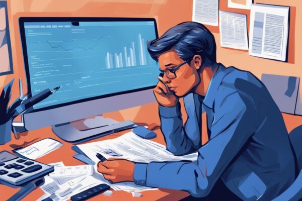 Moderne digitale Illustration einer Person in tiefen Gedanken, umgeben von Finanzdokumenten und einem Taschenrechner, der die Zahl 400.000 anzeigt, was kostet ein Kredit über 400.000 Euro.