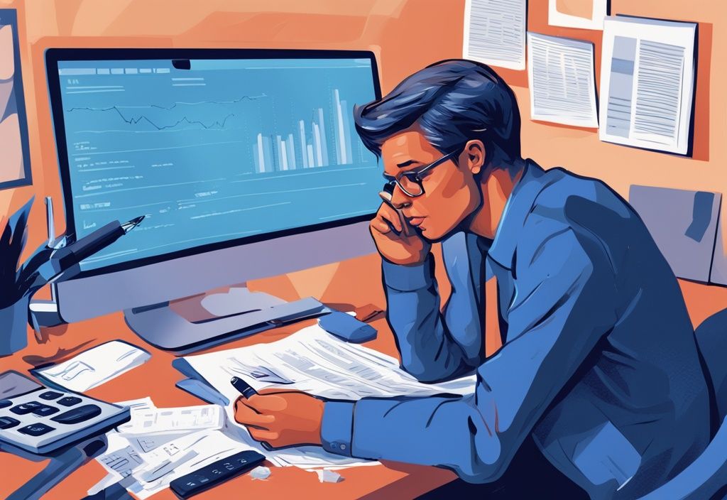 Moderne digitale Illustration einer Person in tiefen Gedanken, umgeben von Finanzdokumenten und einem Taschenrechner, der die Zahl 400.000 anzeigt, was kostet ein Kredit über 400.000 Euro.