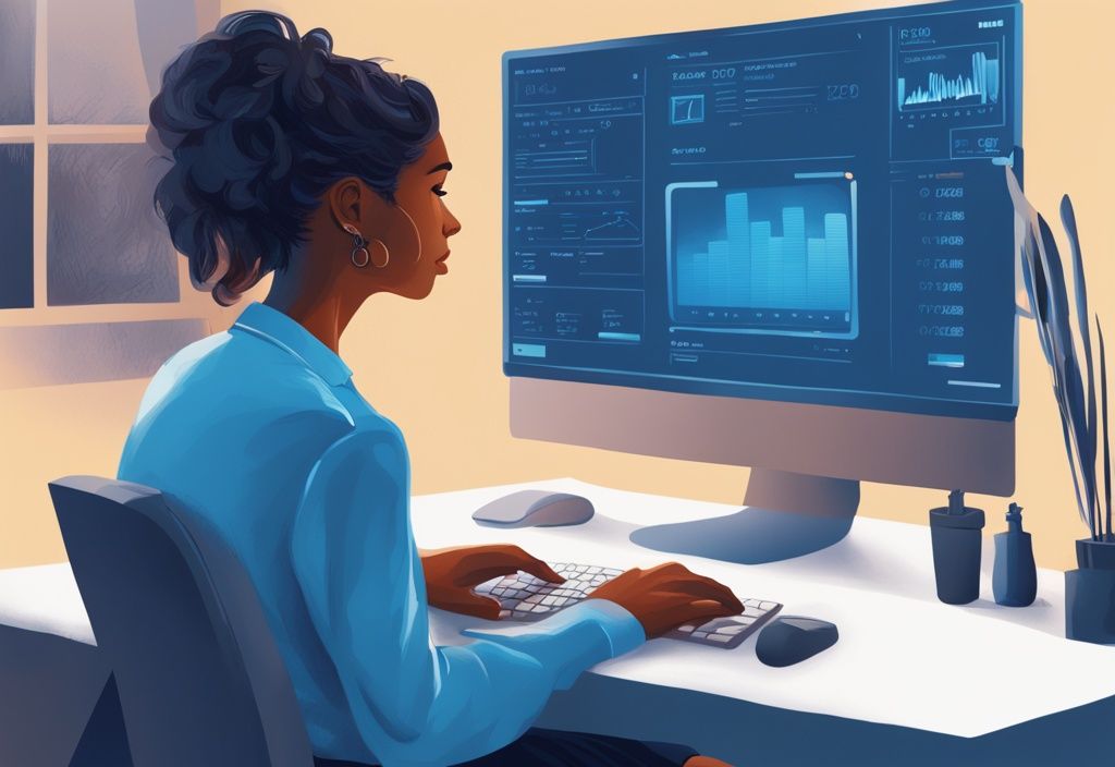 Moderne digitale Malerei mit blauem Farbschema, selbstbewusste Person schaut zufrieden auf einen Computerbildschirm mit hohem Schufa-Score, symbolisiert Kreditwürdigkeit.