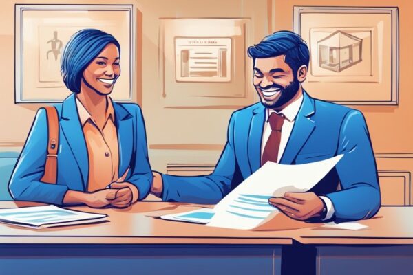 Finden Sie Hier: Kredit ohne Kontoauszug – Welche Bank bietet es an? Moderne digitale Illustration eines zufriedenen Kunden mit genehmigten Kreditantragsdokumenten vor einem freundlichen, professionellen Bankvertreter, Banklogo im Hintergrund, Kredit ohne Kontoauszug welche Bank.