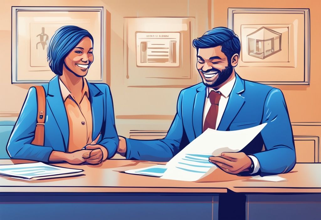 Moderne digitale Illustration eines zufriedenen Kunden mit genehmigten Kreditantragsdokumenten vor einem freundlichen, professionellen Bankvertreter, Banklogo im Hintergrund, Kredit ohne Kontoauszug welche Bank.