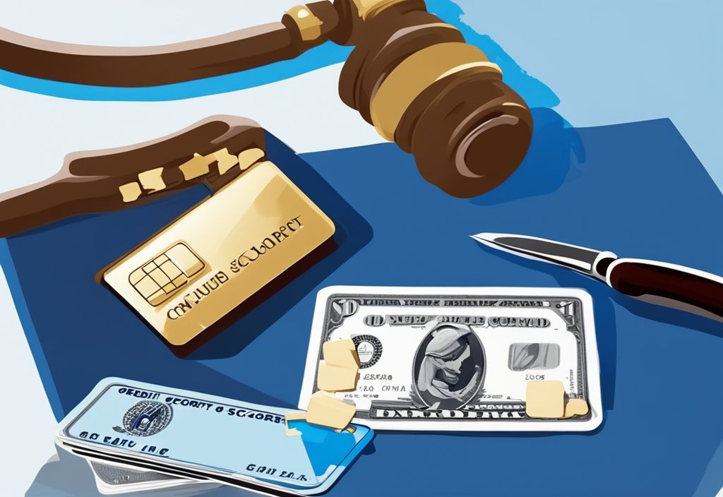 Digitale Illustration einer zerschnittenen Kreditkarte und einem Konkursgerichtshammer, symbolisiert die Auswirkungen von Privatinsolvenz auf die Kreditwürdigkeit, Hauptfarbe Blau