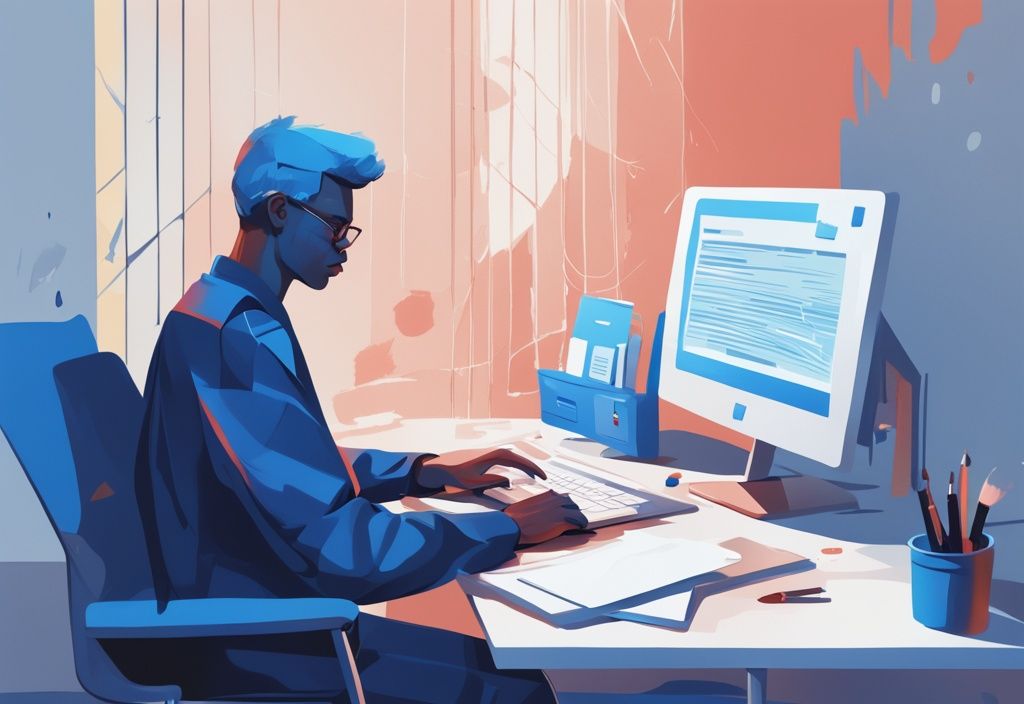 Moderne digitale Illustration einer selbstbewussten Person, die erfolgreich einen Comdirect Kredit online beantragt, mit blauem Farbthema.