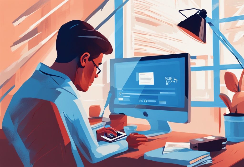 Kranker Mensch am Computer, der auf einer Bank-Website ein Kreditangebot trotz Krankengeld betrachtet, digitale blaue Illustration