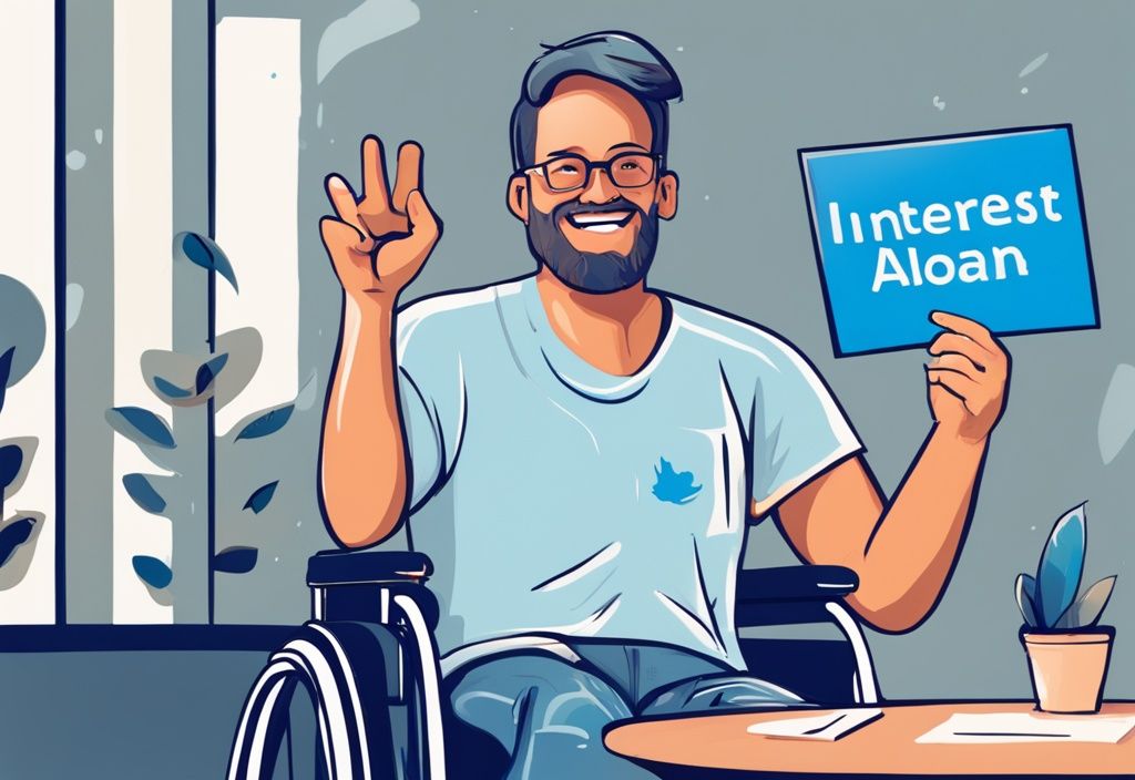 Moderner digitaler Gemäldeillustration: Ein Rollstuhlfahrer hebt freudig die Hand an einem Tisch mit Papierkram und einem Schild mit der Aufschrift "Zinsloser Kredit genehmigt". Hauptfarbe Blau. Behinderten Kredit zinslos.