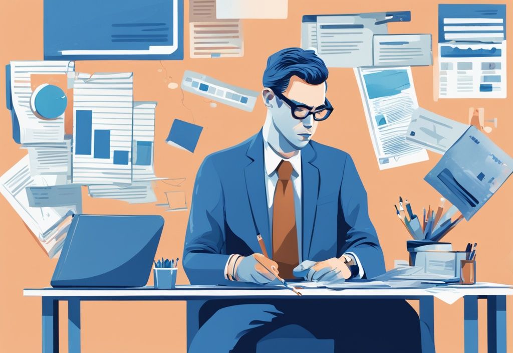 Moderner digitaler Gemäldeillustration eines Bankers, der an einem Schreibtisch sitzt und verschiedene Dokumente wie Kreditbericht, Einkommensnachweis und Sicherheiten des potenziellen Kreditnehmers prüft, Hauptfarbthema Blau
