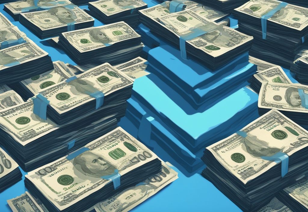 Modernes digitales Gemälde zeigt einen 20.000 Euro Geldstapel mit kleinerem Zinsstapel, Thema: wie viel Zinsen bei 20000 Euro Kredit, Hauptfarbe Blau.
