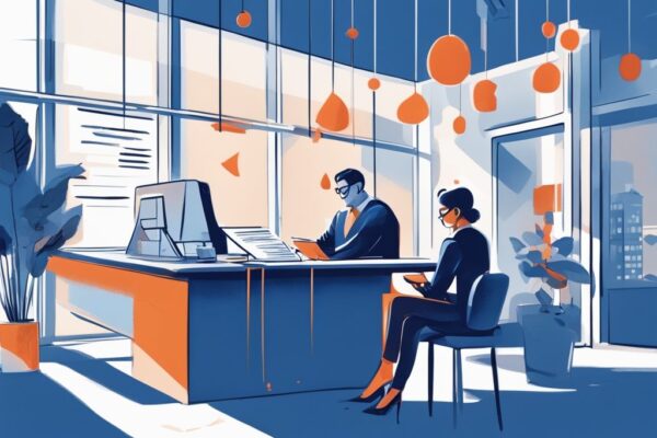 Moderne digitale Illustration eines Gesprächs zwischen einem Kunden und einem Bankberater in einer Sparkasse-Filiale, mit Dokumenten wie Ausweis, Einkommensnachweis und Immobilienvertrag auf dem Tisch – was braucht man für einen Kredit bei der Sparkasse.