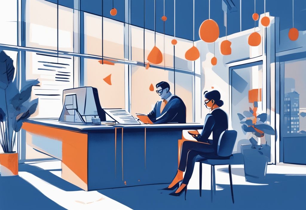 Moderne digitale Illustration eines Gesprächs zwischen einem Kunden und einem Bankberater in einer Sparkasse-Filiale, mit Dokumenten wie Ausweis, Einkommensnachweis und Immobilienvertrag auf dem Tisch – was braucht man für einen Kredit bei der Sparkasse.