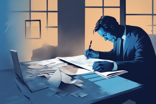 Moderner digitaler Gemäldeillustration eines gestressten Geschäftsinhabers, der über die Unterlagen seiner GmbH grübelt, während im Hintergrund eine schattenhafte Figur die Haftung darstellt, GmbH Kredit wer haftet.