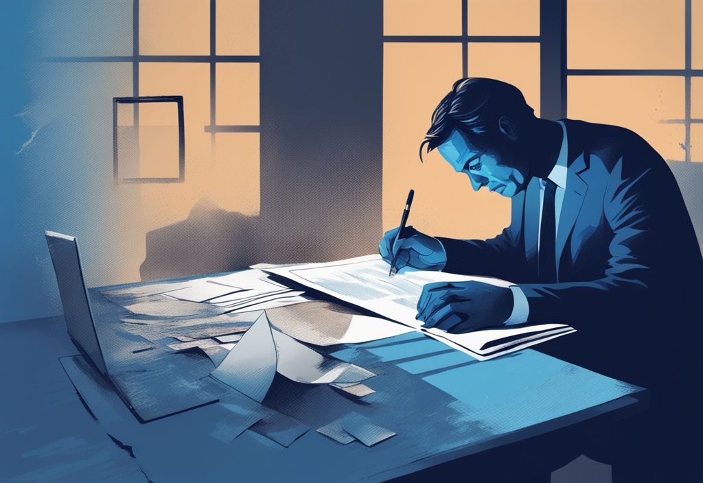 Moderner digitaler Gemäldeillustration eines gestressten Geschäftsinhabers, der über die Unterlagen seiner GmbH grübelt, während im Hintergrund eine schattenhafte Figur die Haftung darstellt, GmbH Kredit wer haftet.