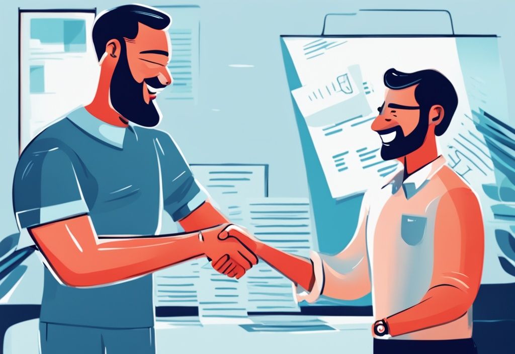 Moderne digitale Illustration eines glücklichen Mitarbeiters, der einem Chef über einen Vertrag die Hand schüttelt, symbolisiert zinsfreies Darlehen, Hauptfarbe Blau