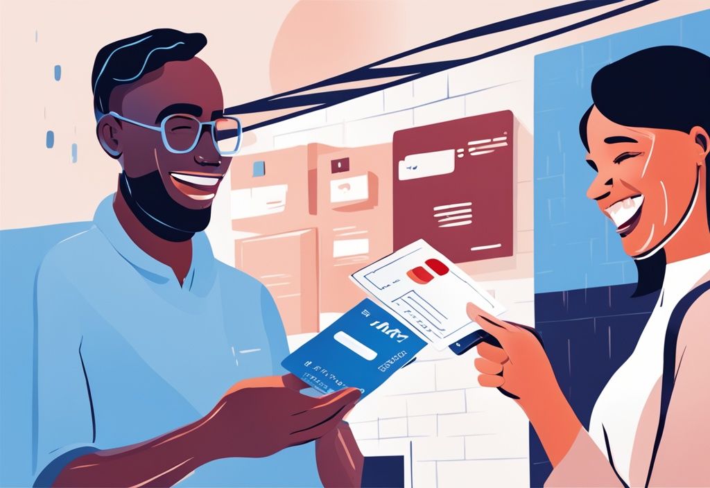 Moderne digitale Illustration in Blau, Bankvertreter überreicht Kreditkarte an freudige Person mit Hartz 4 Dokument, welche Bank gibt Kredit trotz Hartz 4.