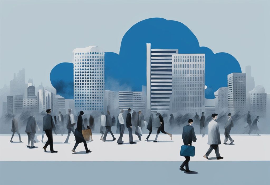 Moderne digitale Illustration in Blau, mehrere Banken als Gebäude dargestellt, eine hervorgehoben, Menschen in einer Schlange mit grauer Wolke, die Schulden symbolisiert, gehen hinein