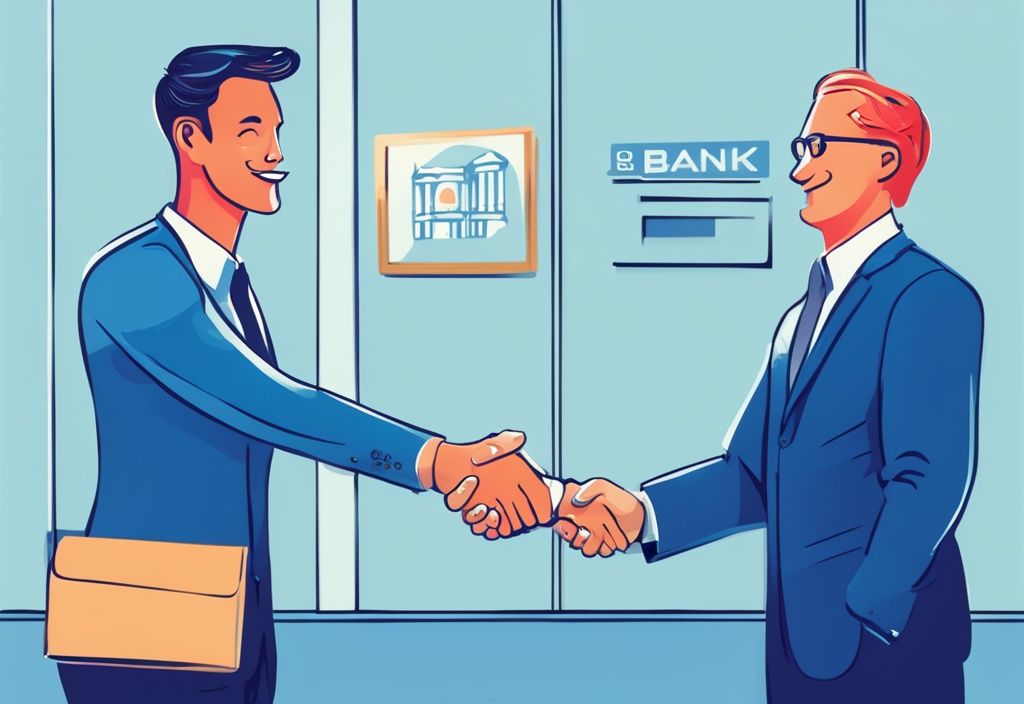 Moderne digitale Malerei: Ein erleichterter Kunde schüttelt die Hand eines Bankvertreters und unterschreibt einen Kreditvertrag, während im Hintergrund ein Schild die Unterstützung der Bank für Kunden mit negativer Schufa zeigt. Keyword: welche Bank gibt Kredit trotz negativer Schufa.